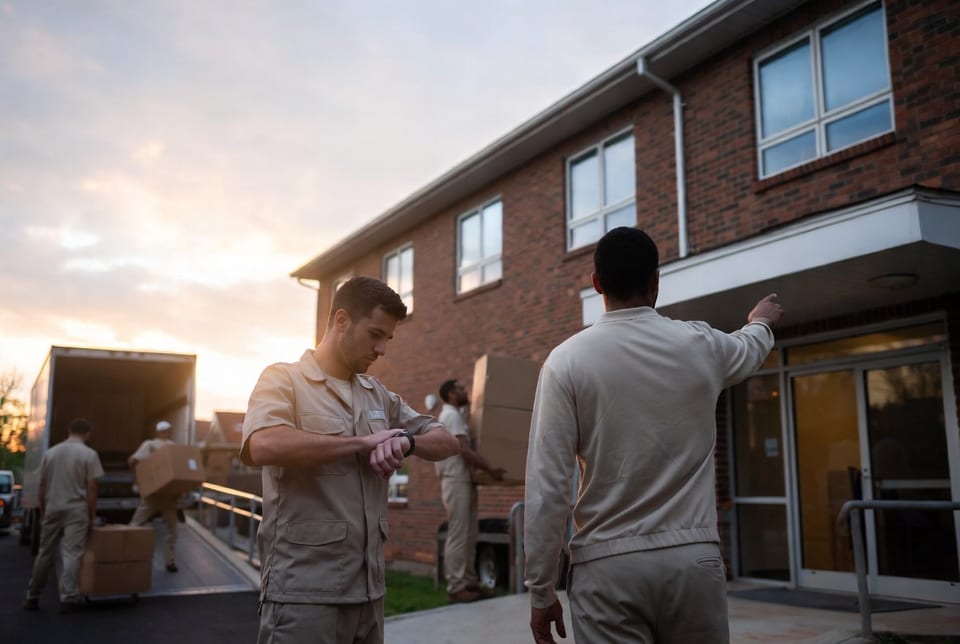 Long distance moving truck driving through Quebec countryside at sunrise