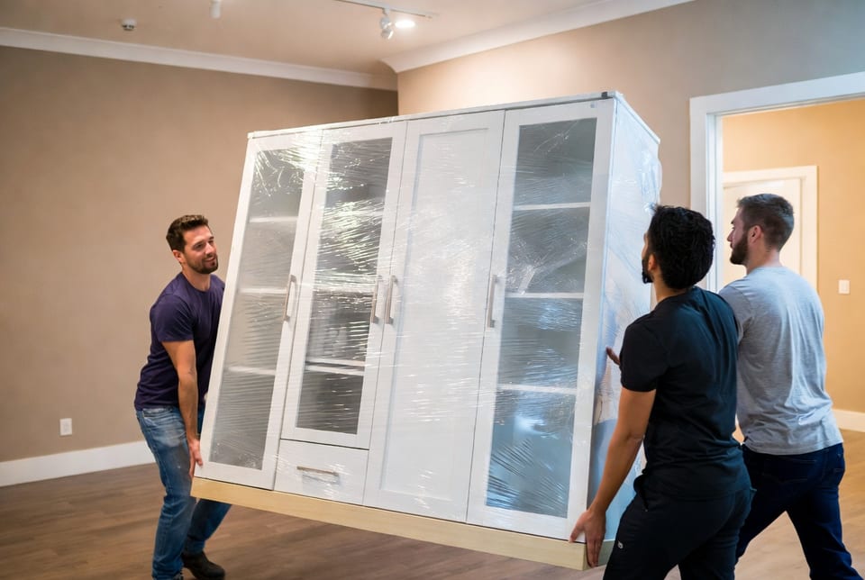 Professional moving truck parked near downtown Calgary skyline at sunrise