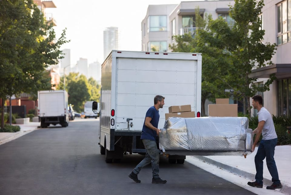 Moving truck parked beside the Toronto skyline near the Gardiner Expressway