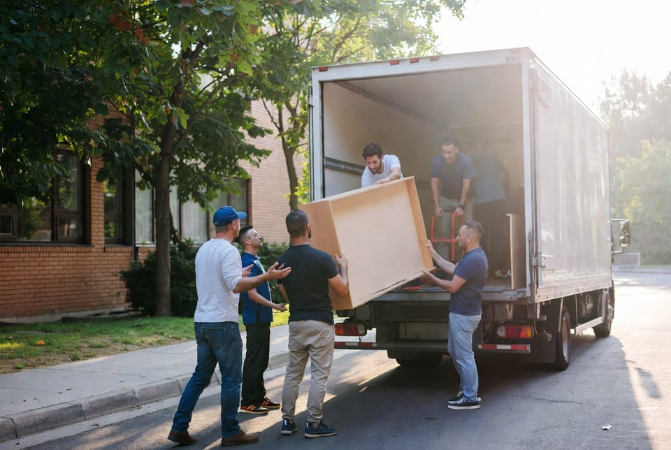 Moving truck with Vancouver skyline and mountains in the background