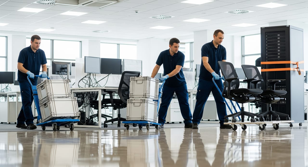 Commercial moving team setting up workstations in a Canadian office tower