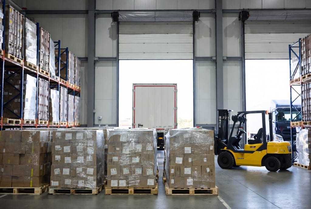 Palletized freight staged at a Canadian dock for scheduled pickup