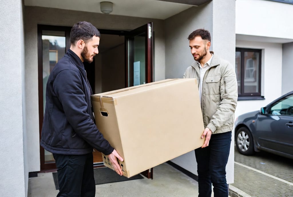 Delivery team handling a large item at a residential entrance with care