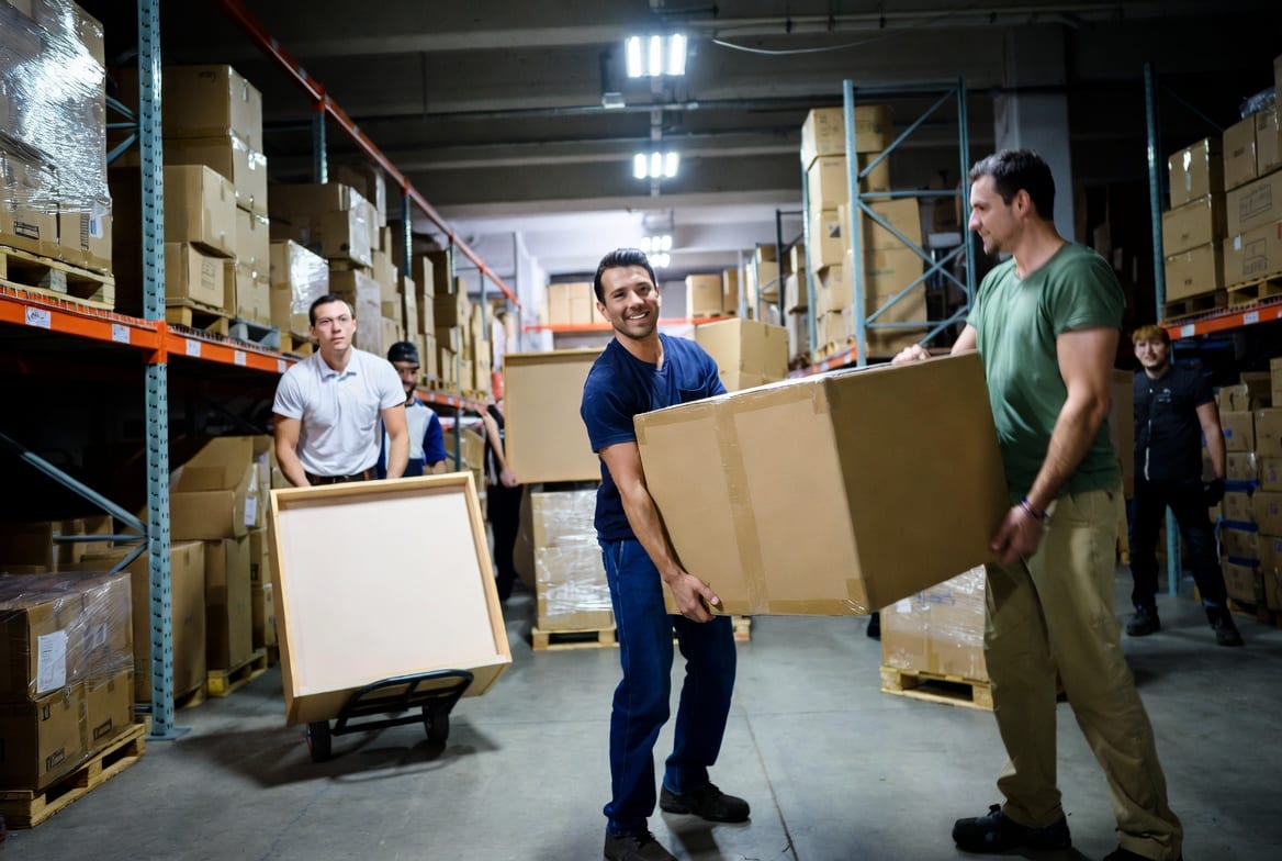 Secure storage unit with shelving and packed boxes